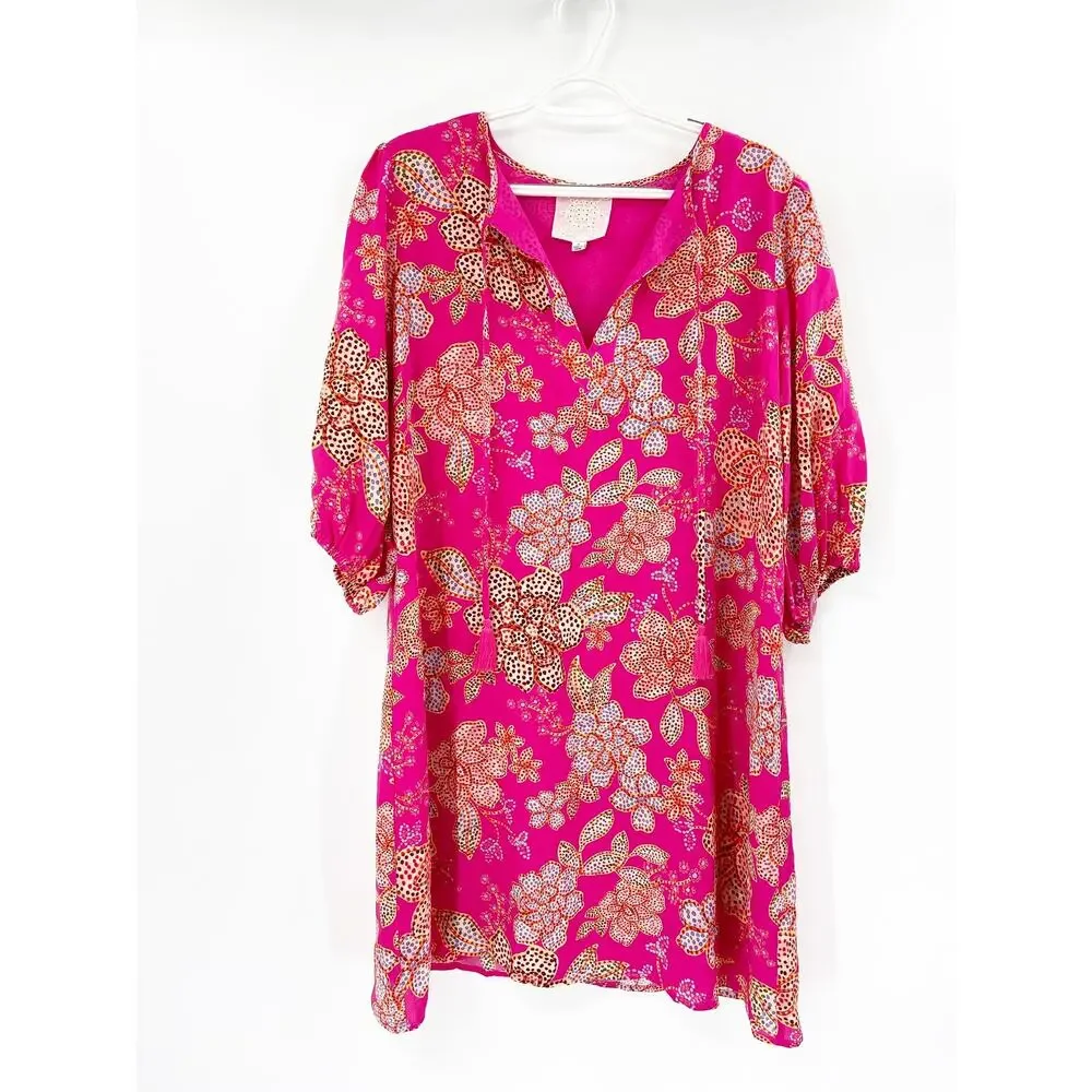 Johnny‎ Was Vesna Pink Floral Print Short Sleeve Silk Mini Dress Size Small